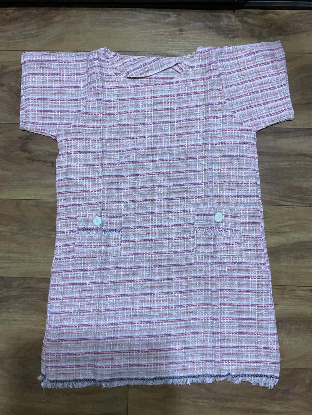 Pink & White Tweed Shift Dress with Pocket Details
